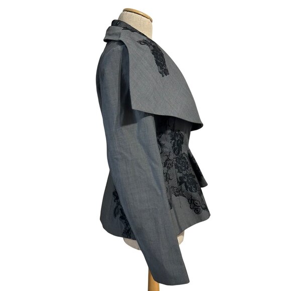 Valentino Gray Blazer With Black Lace Detail Made In Italy Size 10 Draped Collar - Picture 7 of 16